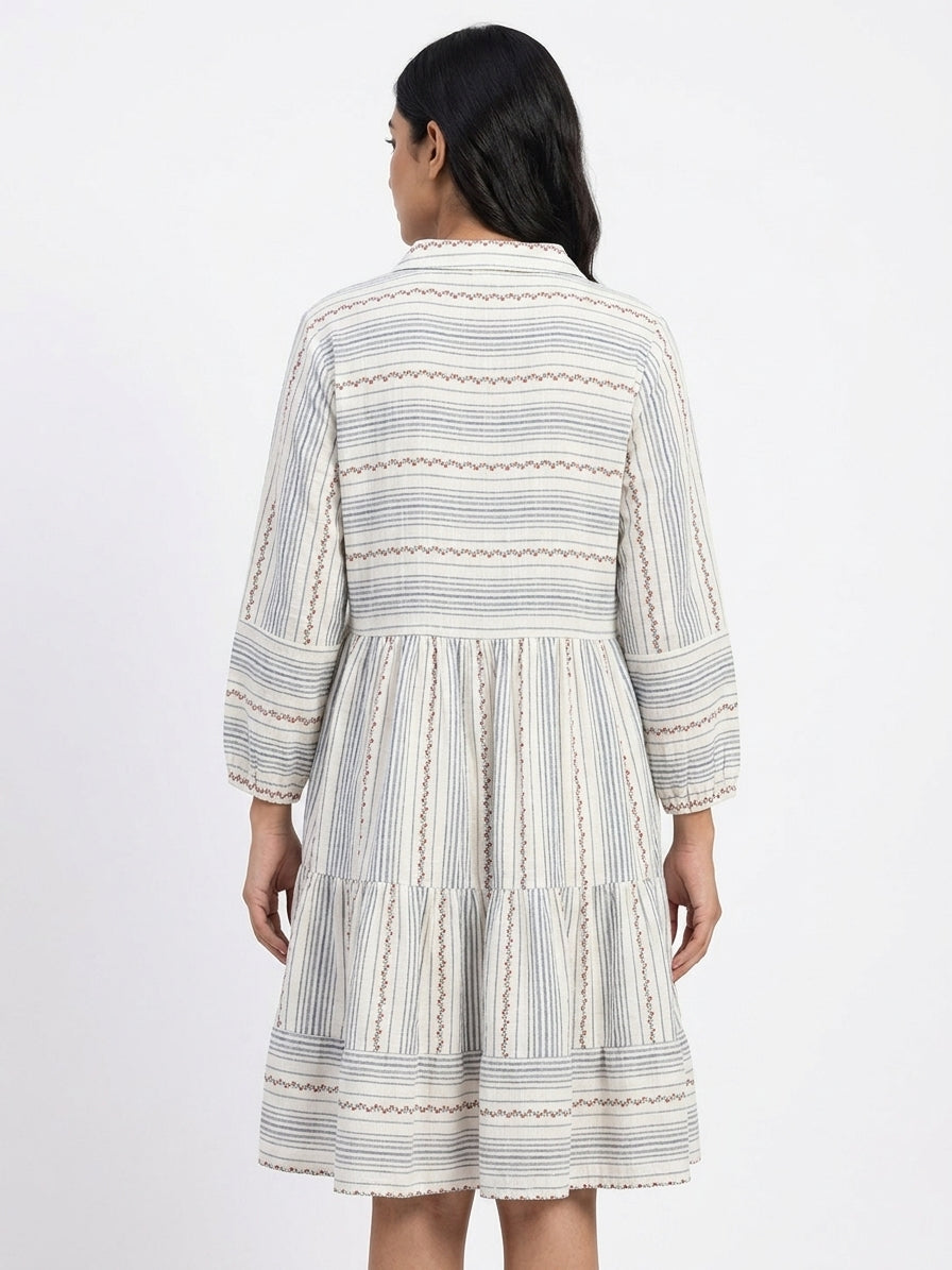 Off White Striped Collared Tiered Dress