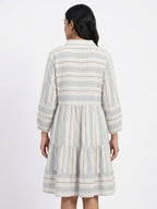 Off White Striped Collared Tiered Dress
