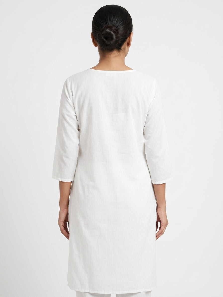 White Floral Embroidered Relaxed Fit Kurti