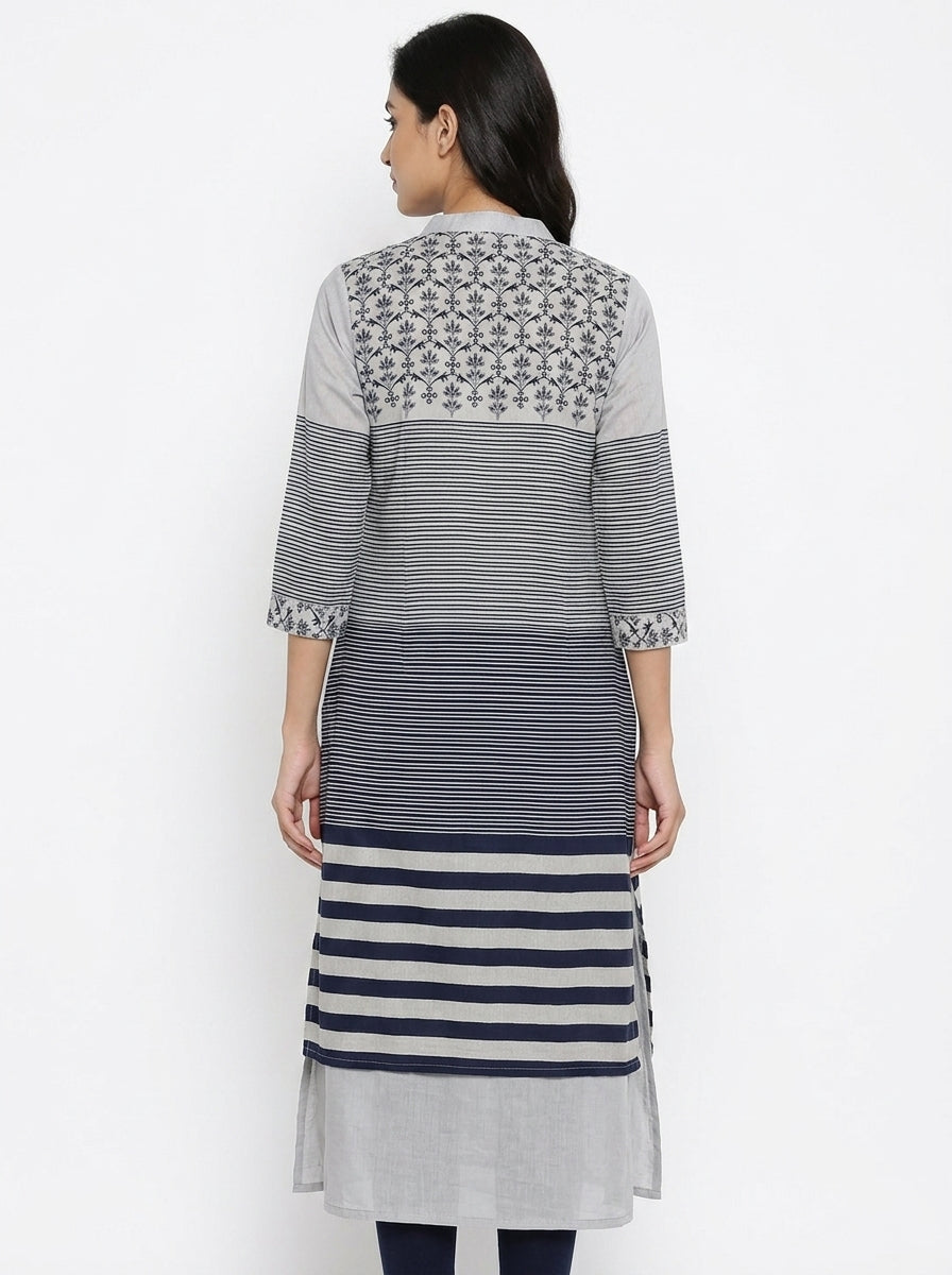 Light Grey & Navy Striped Ethnic Printed Kurti