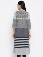 Light Grey & Navy Striped Ethnic Printed Kurti