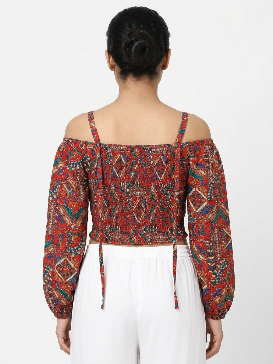 Women's Red Ethnic Print Long Sleeve Crop Top
