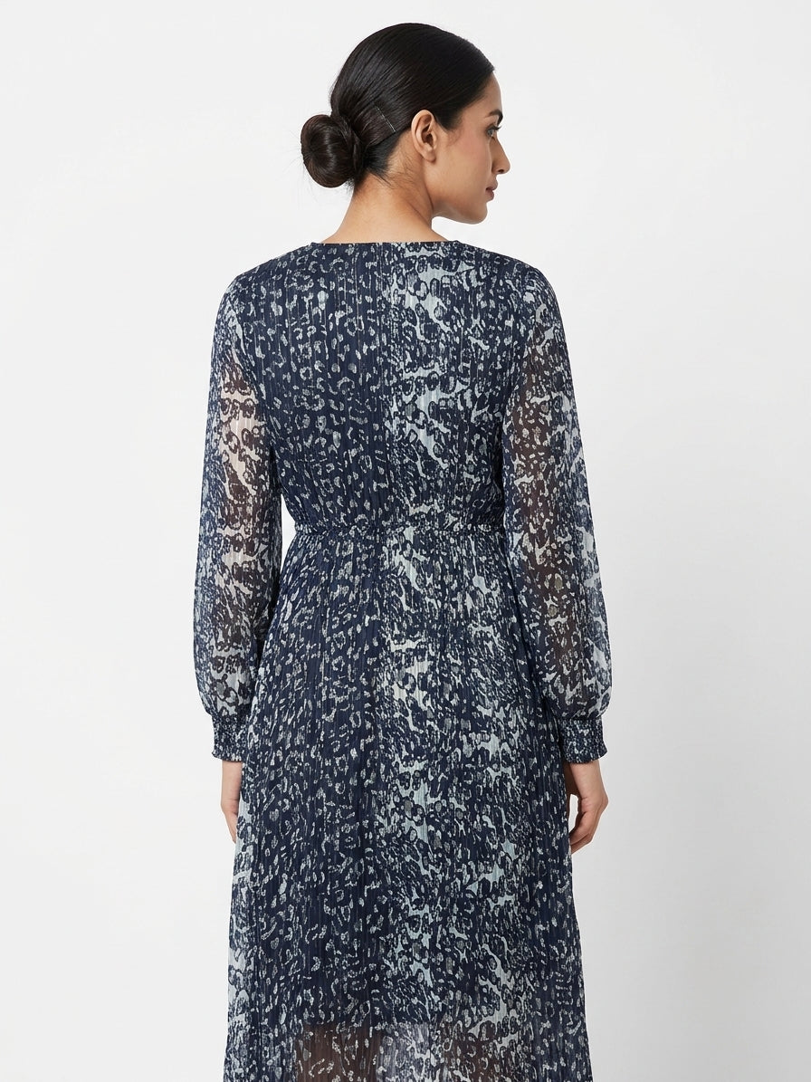 Women's Navy Animal Print Pleated Maxi Dress