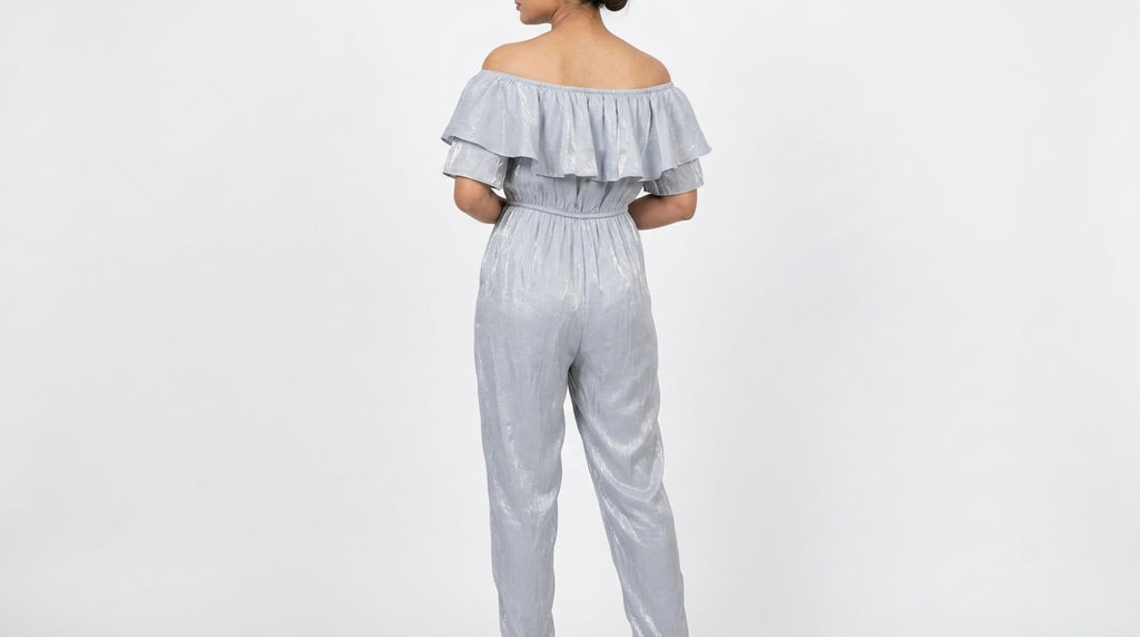 Women's Light Grey Ruffled Off-Shoulder Jumpsuit