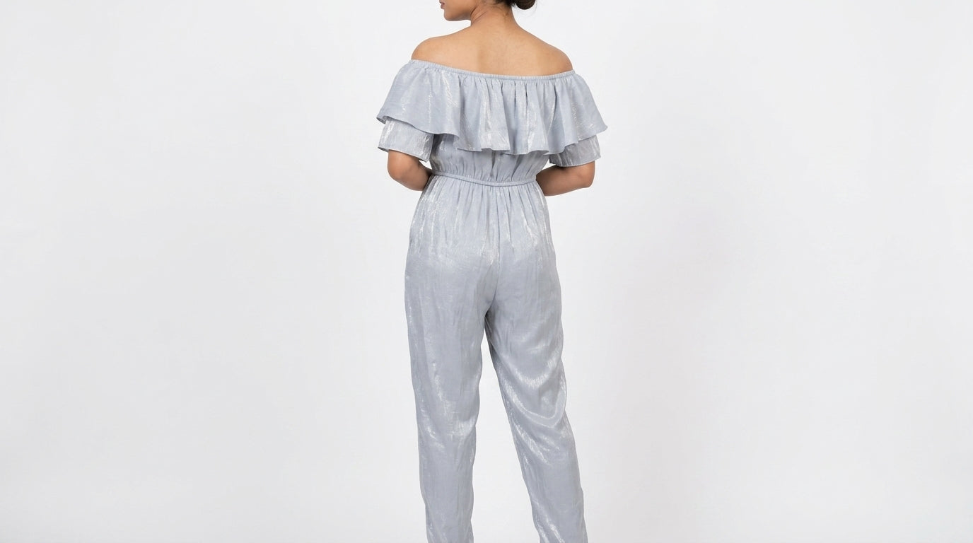 Women's Light Grey Ruffled Off-Shoulder Jumpsuit