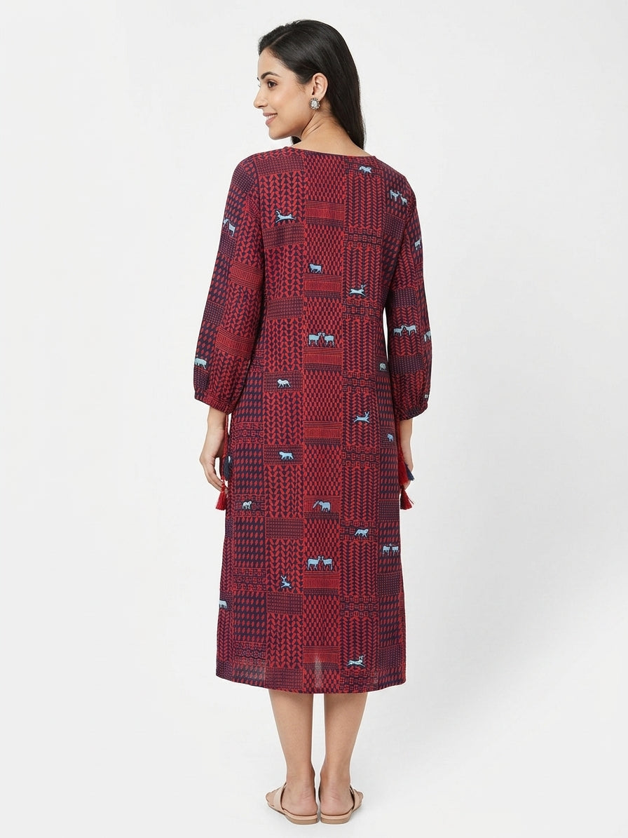 Women's Red & Navy Geometric Animal Print Kurti