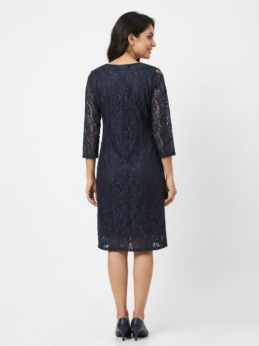 Navy Floral Lace Regular Fit Dress