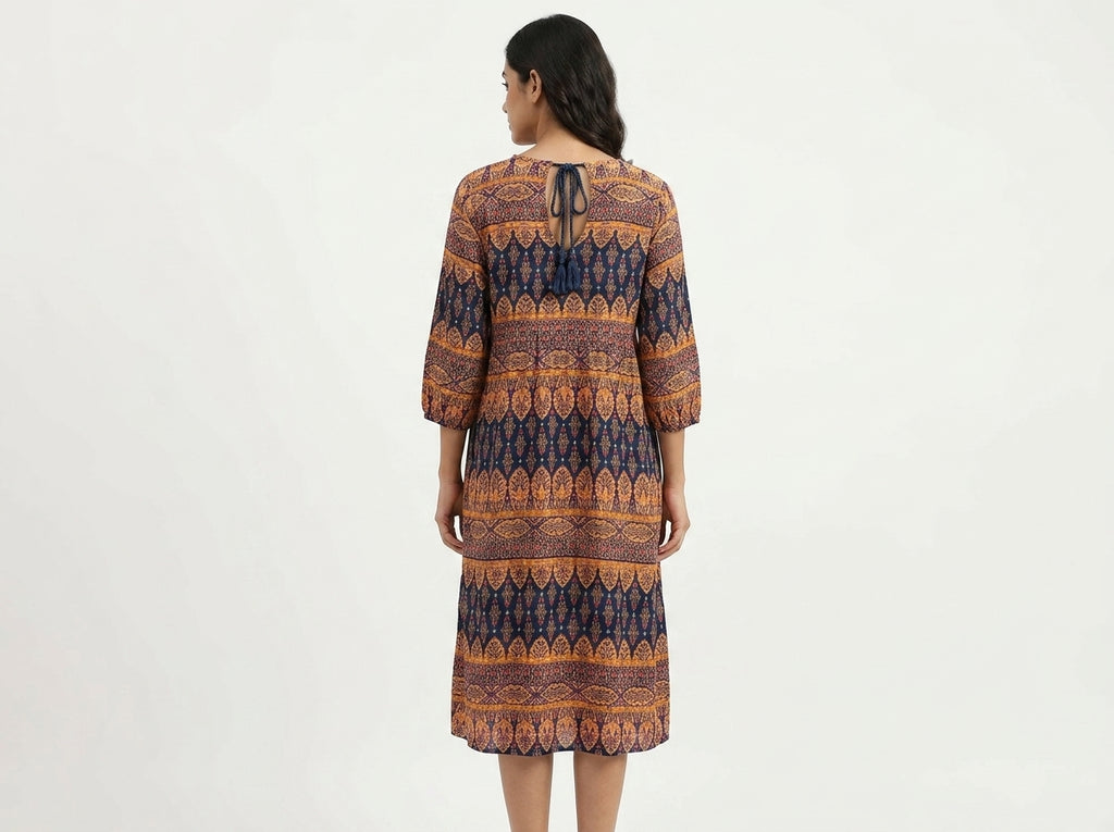 Women's Navy Ethnic Print Relaxed Fit Maxi Dress