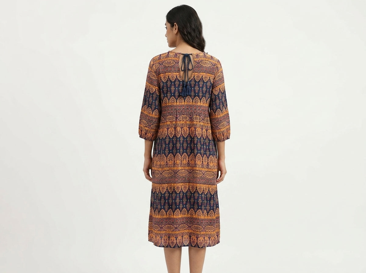 Women's Navy Ethnic Print Relaxed Fit Maxi Dress