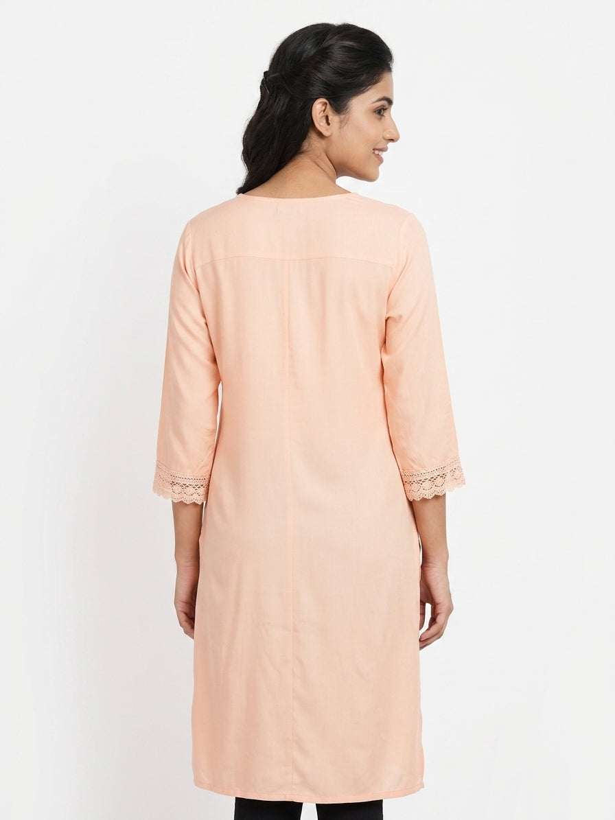 Peach Embellished Rayon Kurti
