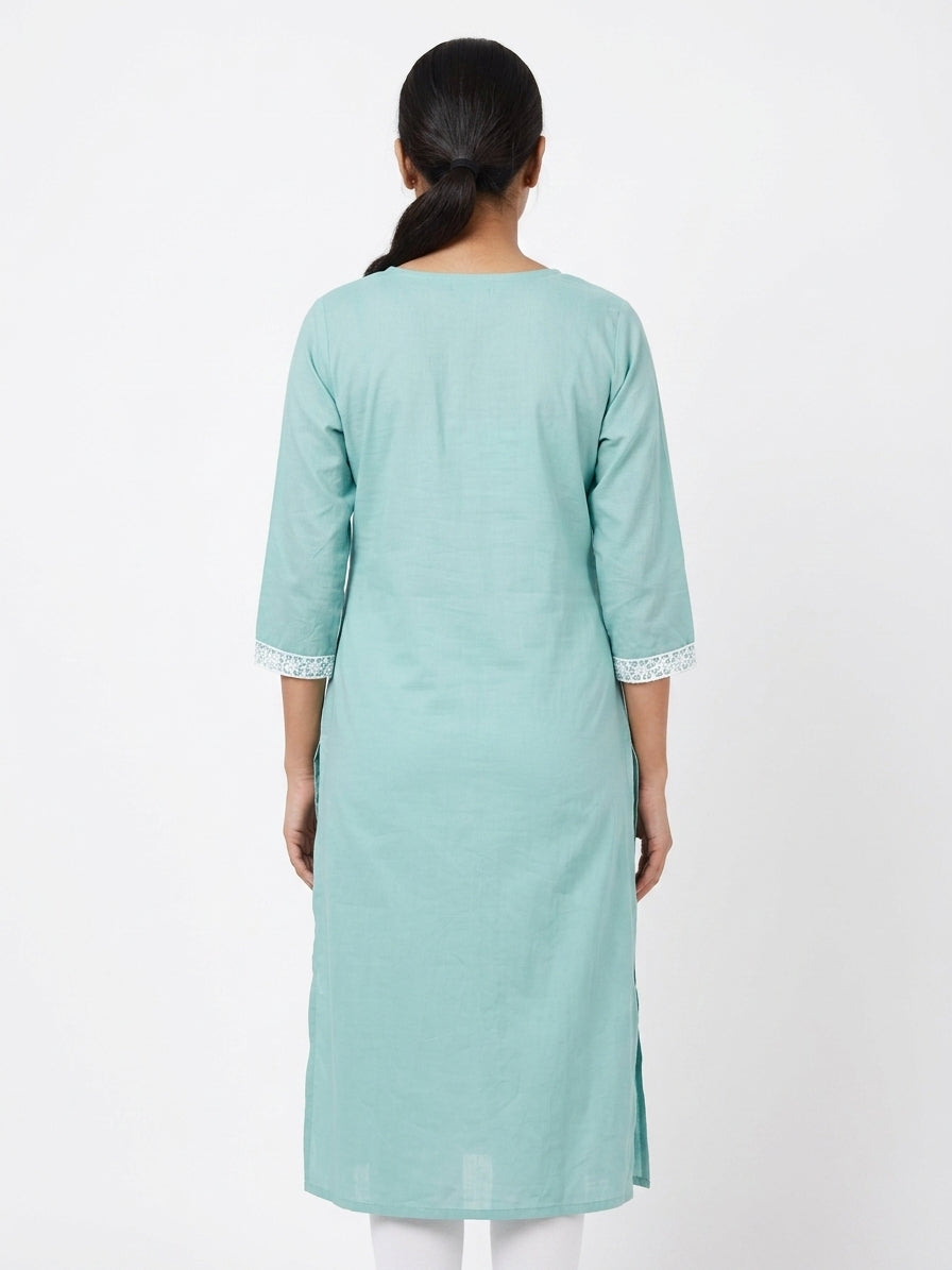 Sea Green Floral Embroidered Cotton Kurti