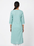Sea Green Floral Embroidered Cotton Kurti