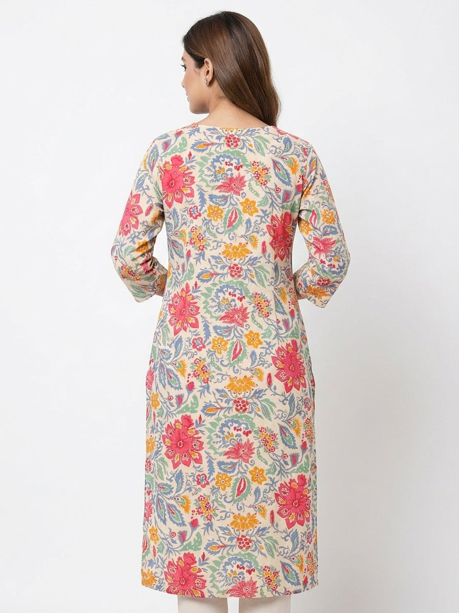 Multi-colored Floral Print Cotton Kurti