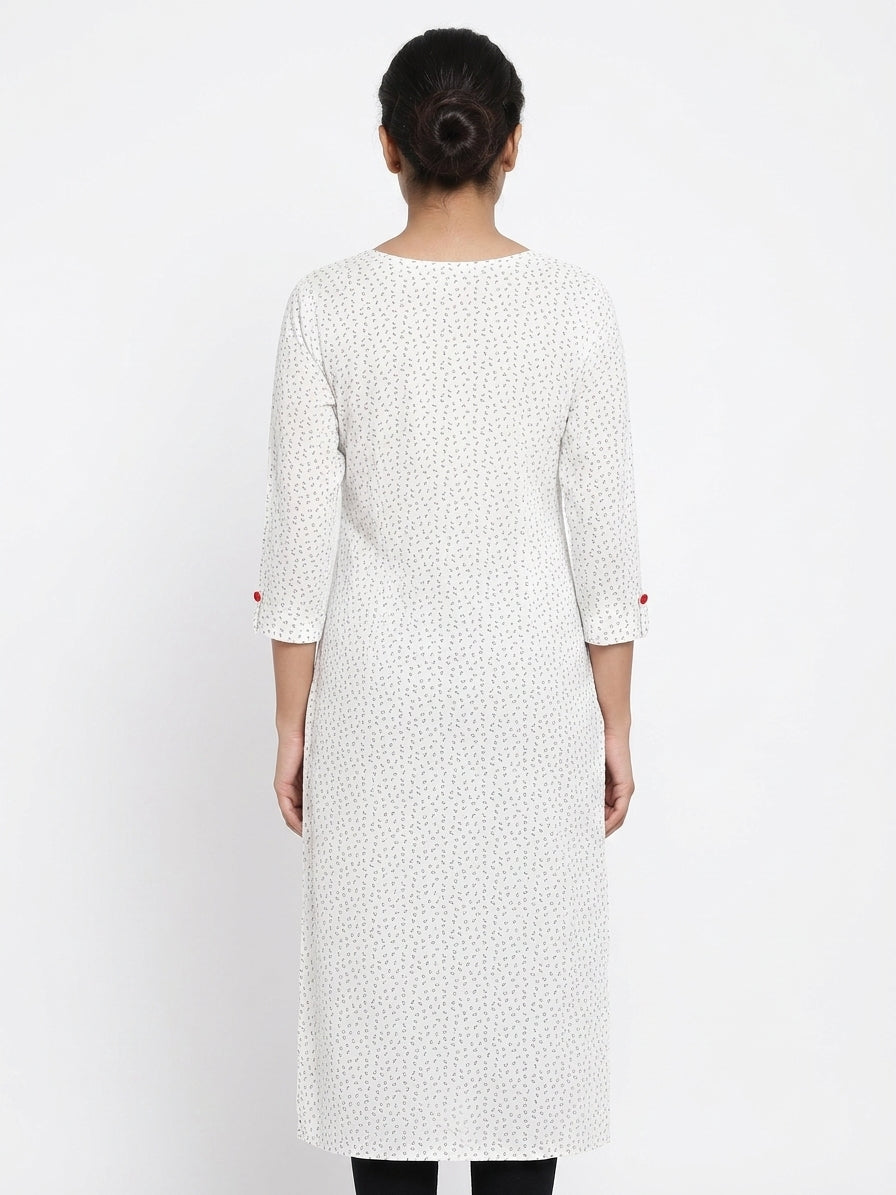 White Printed Straight Kurti with Red Buttons