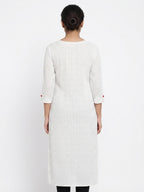 White Printed Straight Kurti with Red Buttons