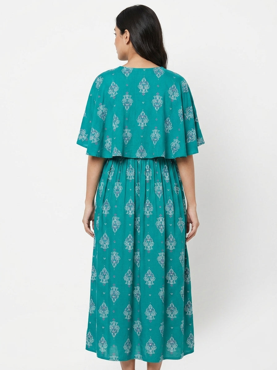 Teal Ethnic Print Layered Casual Dress
