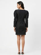 Black Denim Puff Sleeve Mini Dress with Front Zipper