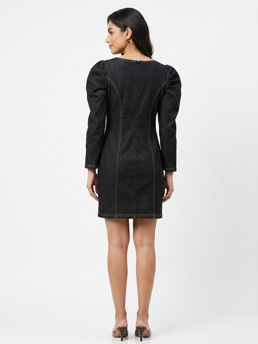 Black Denim Puff Sleeve Mini Dress with Front Zipper