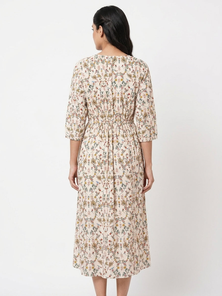 Off White Floral Printed Relaxed Fit Midi Kurti