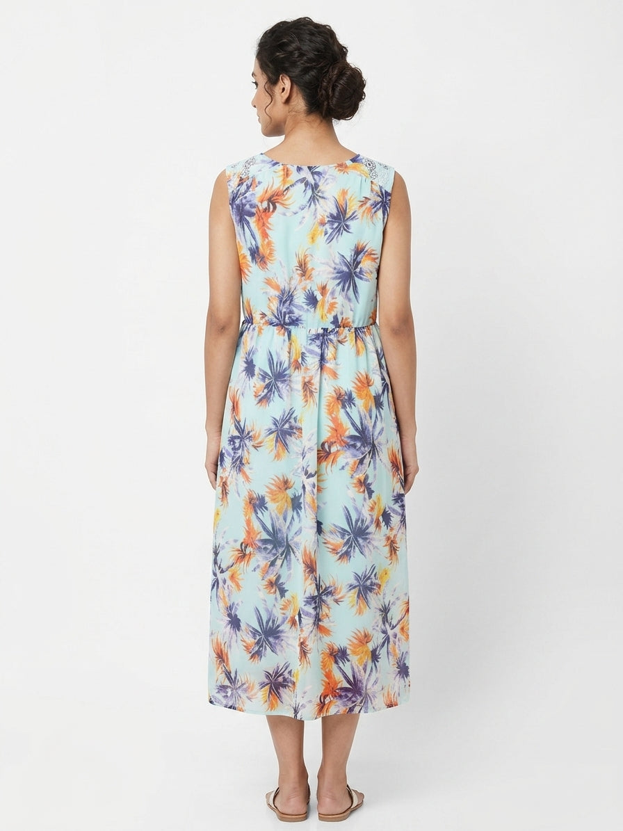 Multi-Color Floral Print V-Neck Midi Dress