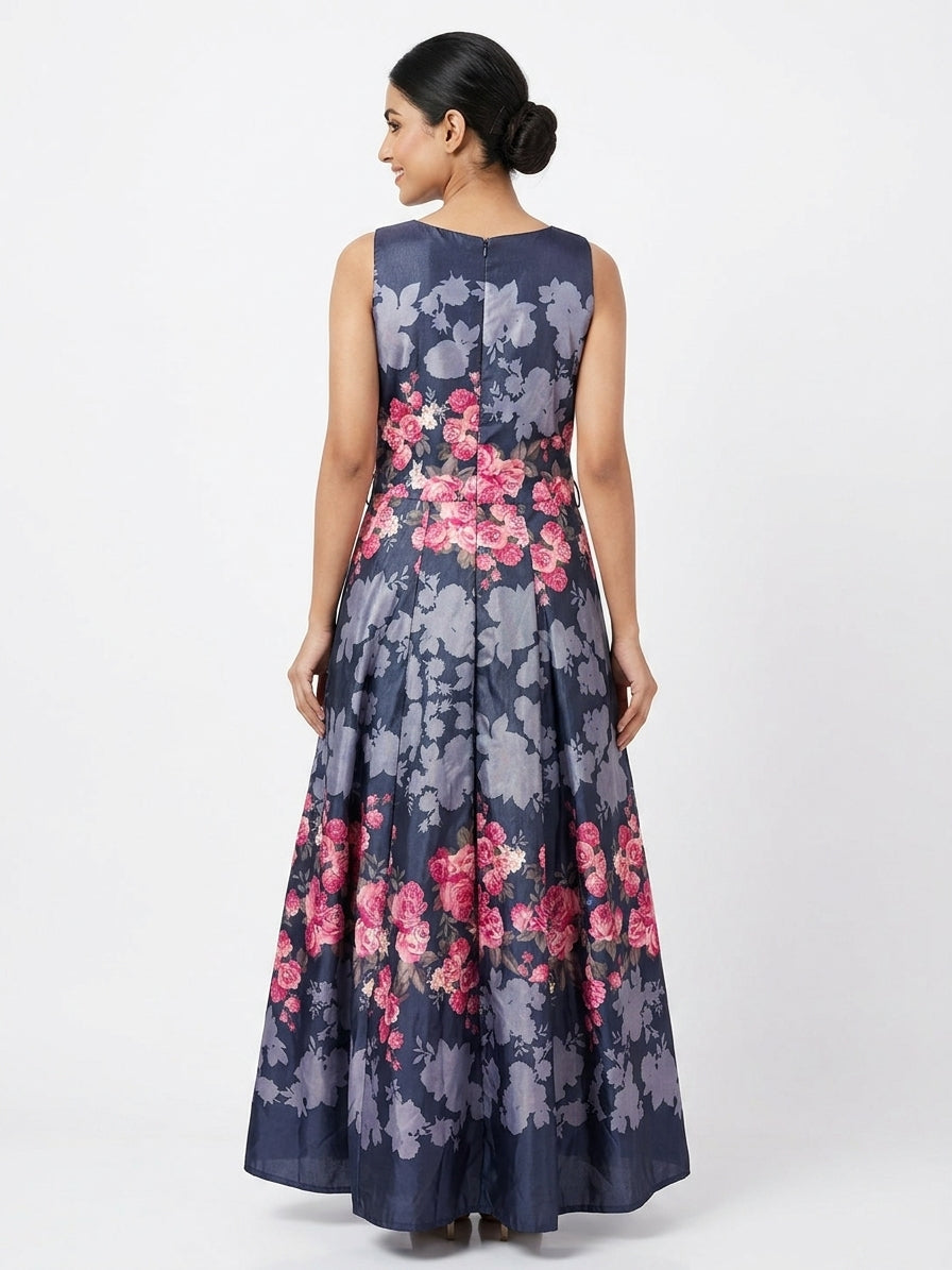 Women's Navy Blue Floral Printed Flared Dress