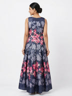 Women's Navy Blue Floral Printed Flared Dress