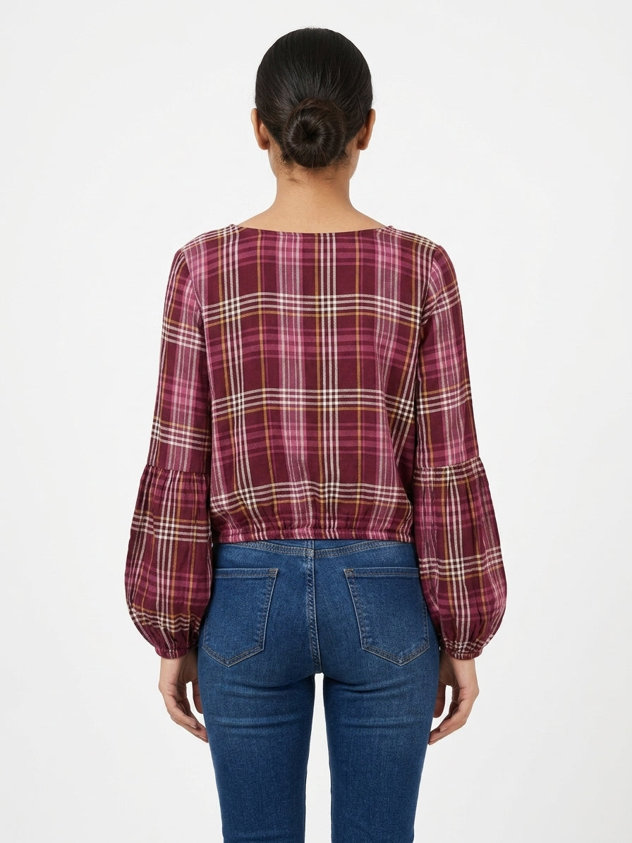 Women's Burgundy Plaid Regular Fit Full Sleeve Top