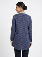 Women's Navy Printed Tunic Top with Mandarin Collar