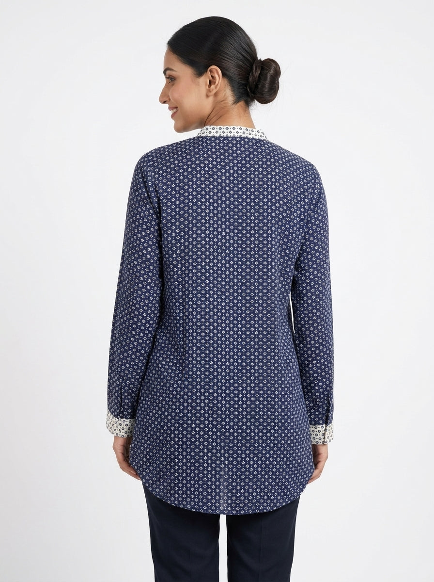 Women's Navy Printed Tunic Top with Mandarin Collar