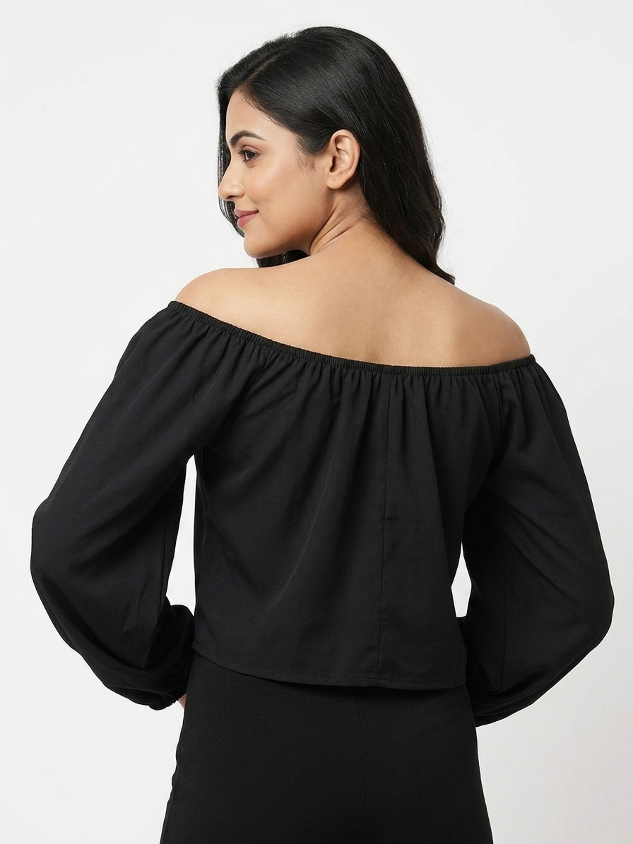 Dark Grey Solid Full Sleeve Crop Top