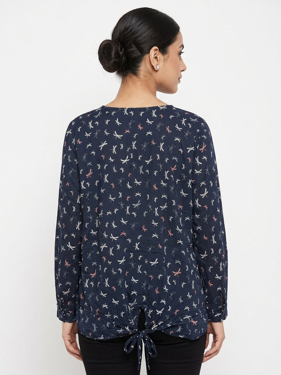 Women's Dark Blue Dragonfly Print Regular Fit Top