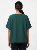 Women's Dark Green V-Neck Relaxed Fit Solid Top