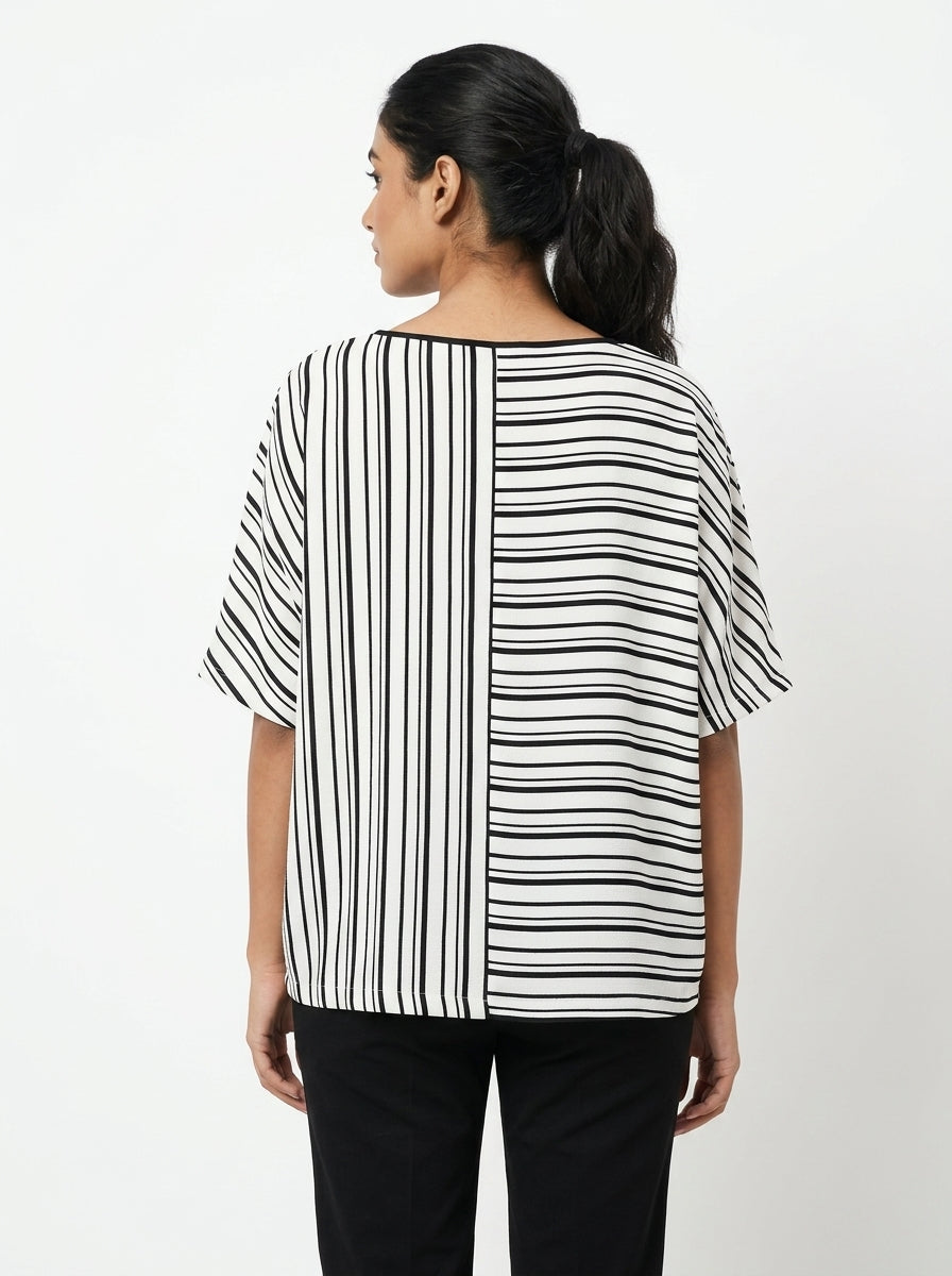 Black and White Striped Relaxed Fit Top