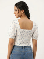 Off White Floral Printed Smocked Crop Top