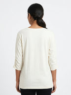 Off White Solid V-Neck 3/4 Sleeve Top