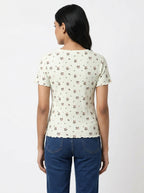 Women's Off White Floral Printed Ribbed T-Shirt