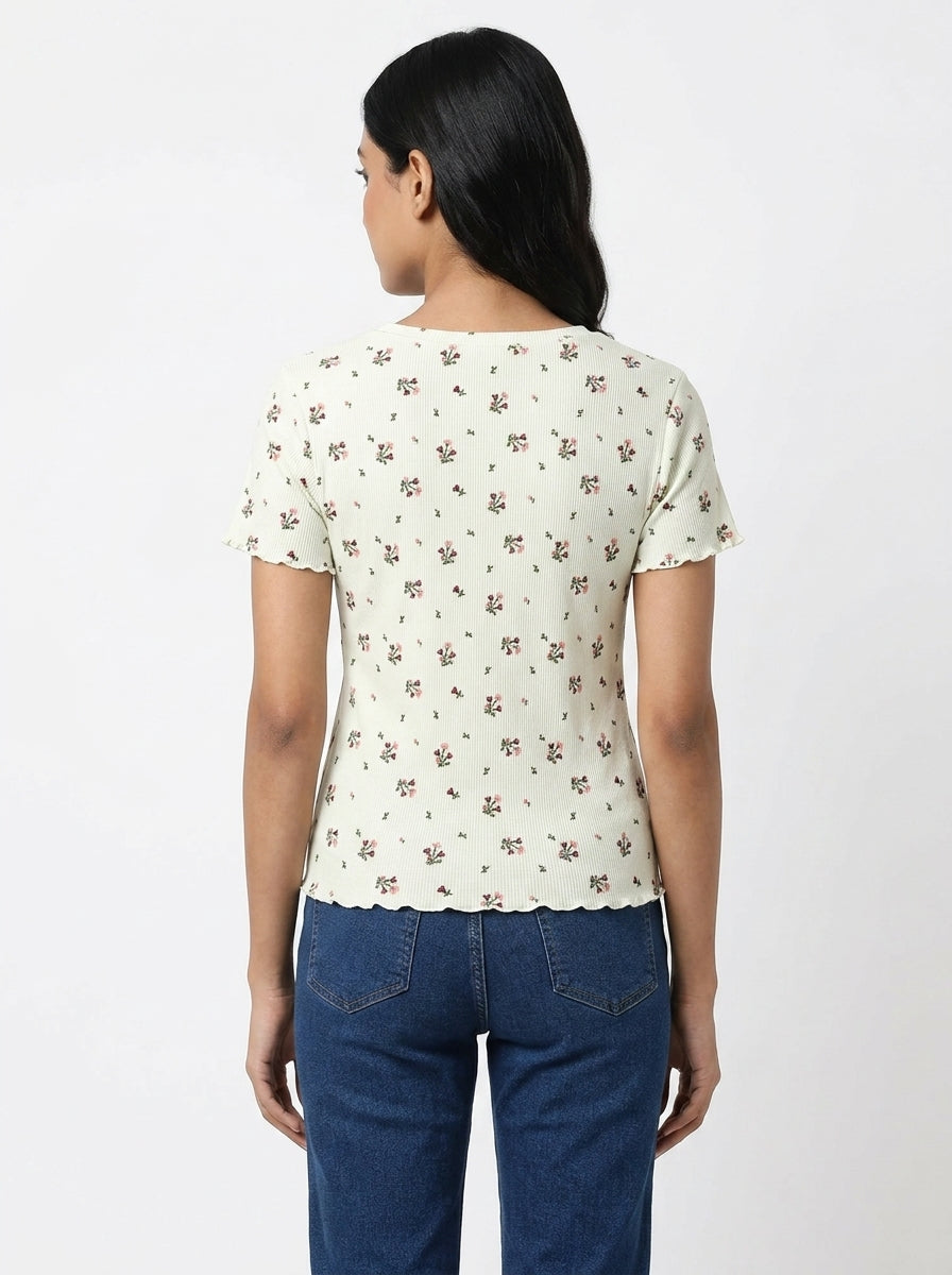 Women's Off White Floral Printed Ribbed T-Shirt