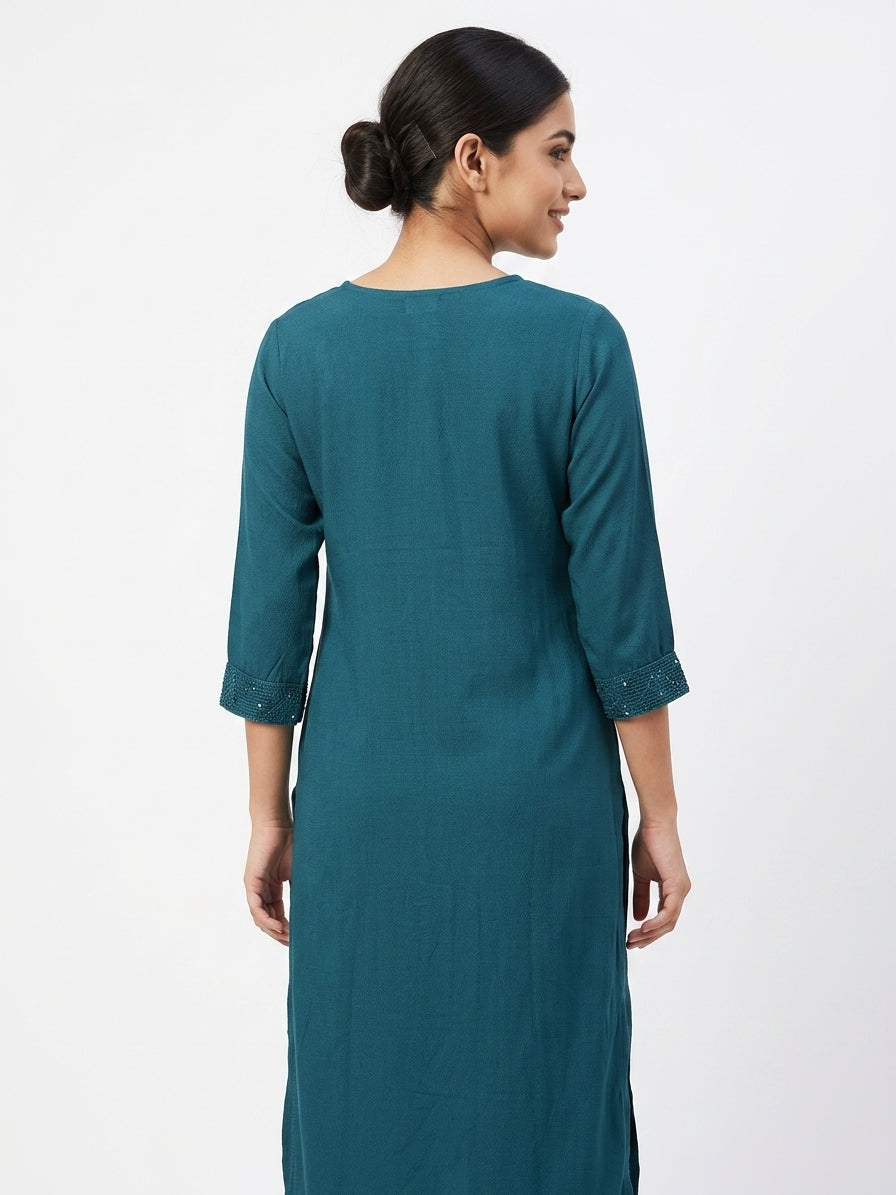 Teal Embellished Textured Kurti