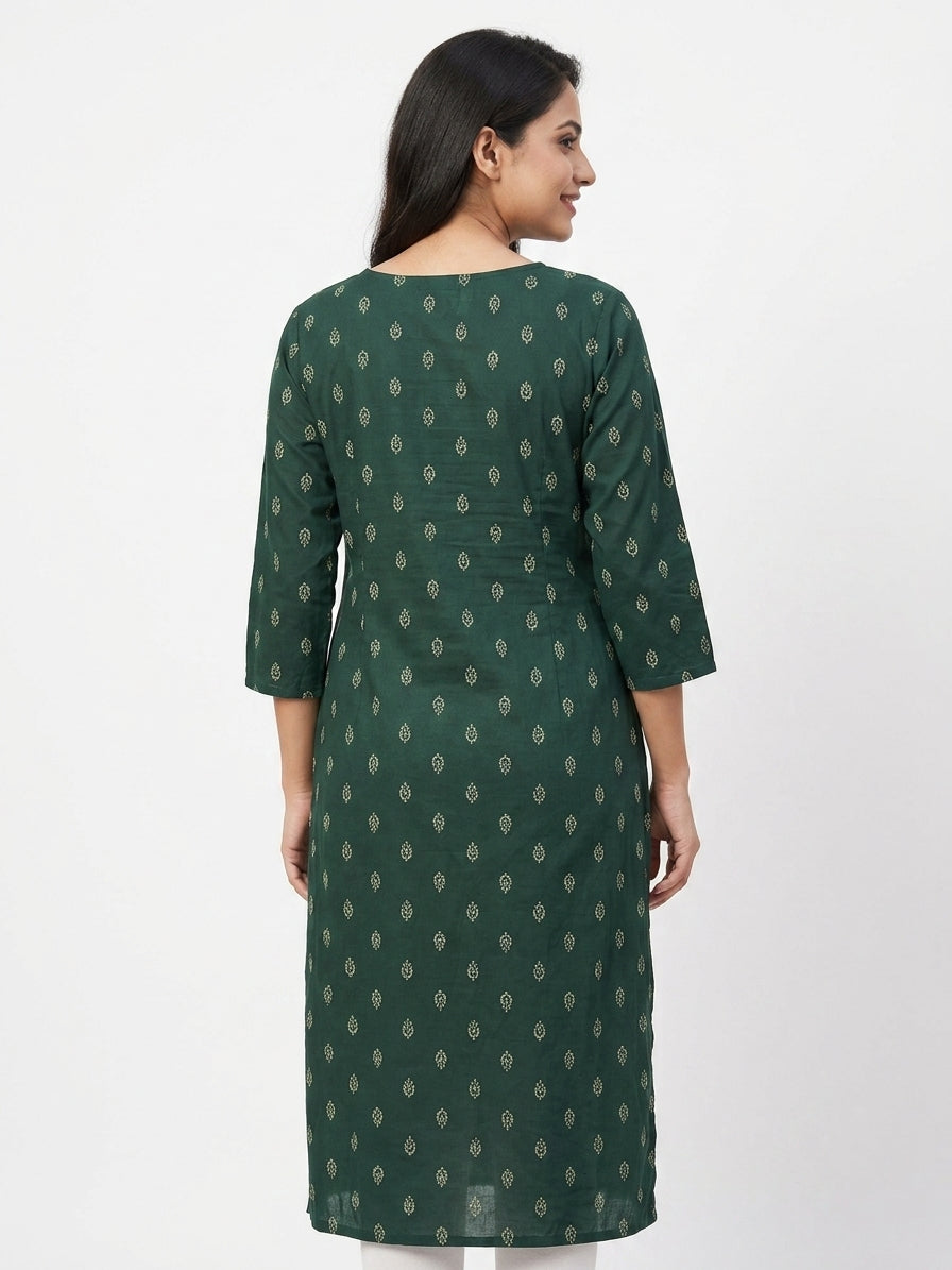Women's Dark Green Printed Kurti with Embroidered Yoke