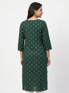 Women's Dark Green Printed Kurti with Embroidered Yoke