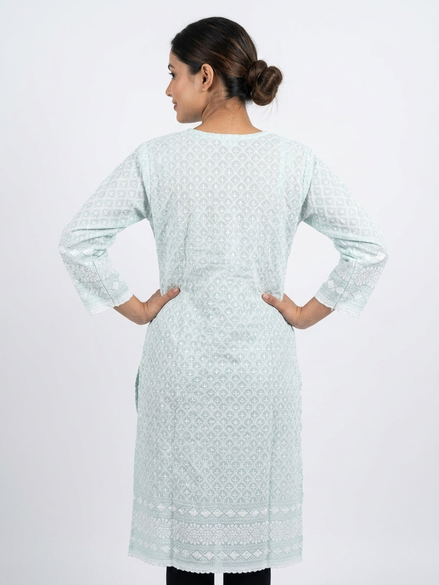 Sky Blue Embroidered Cotton Kurti