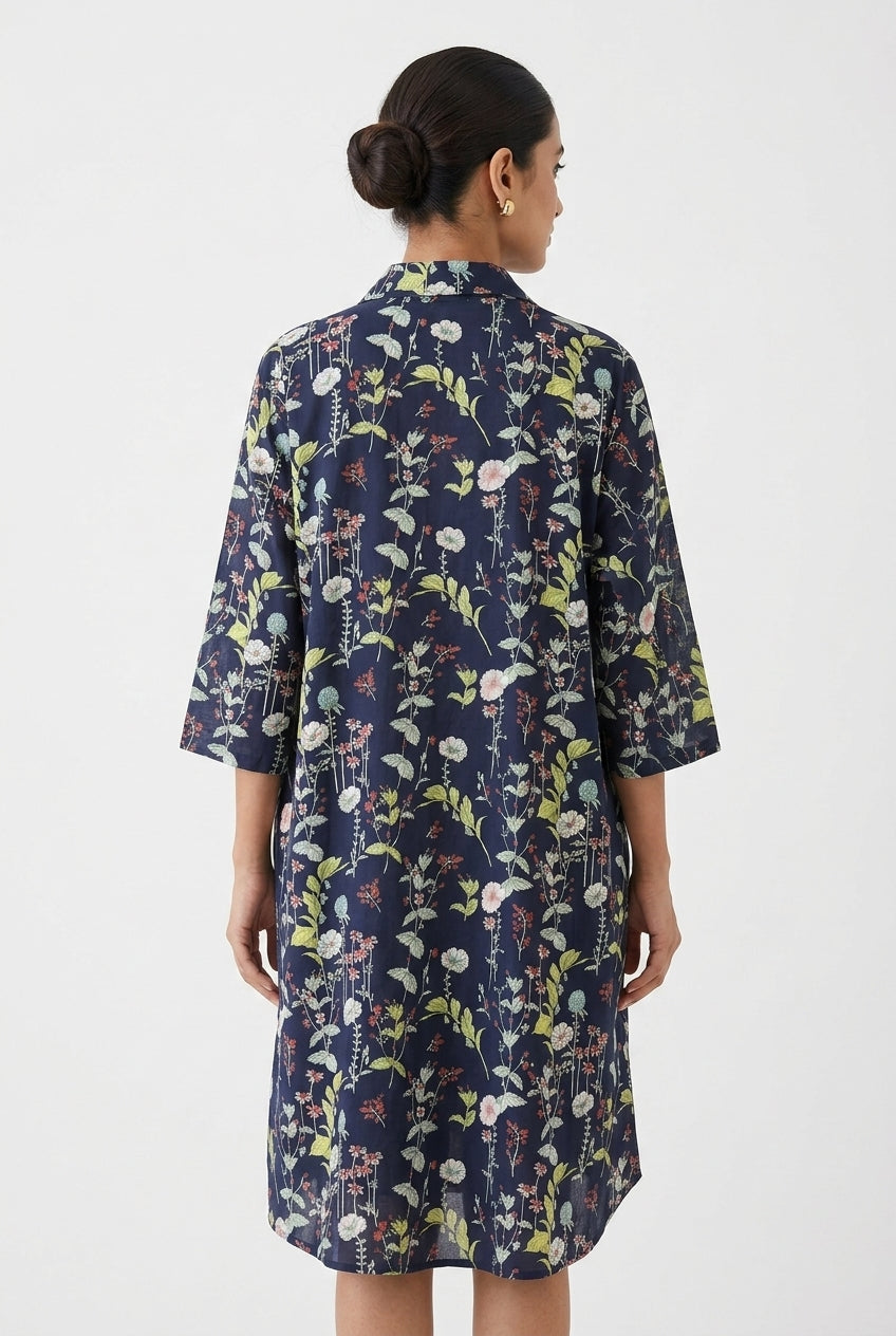 Navy Blue Floral Printed Relaxed Fit Dress