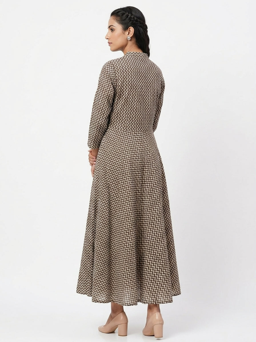 Brown Geometric Print Flared Dress