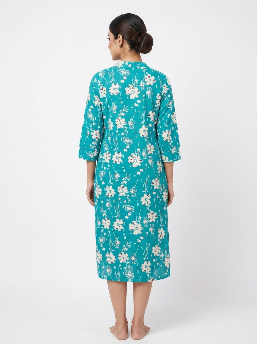 Turquoise Floral Print Cotton Kurti for Women