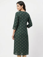 Women's Dark Green Ethnic Print Regular Fit Kurti
