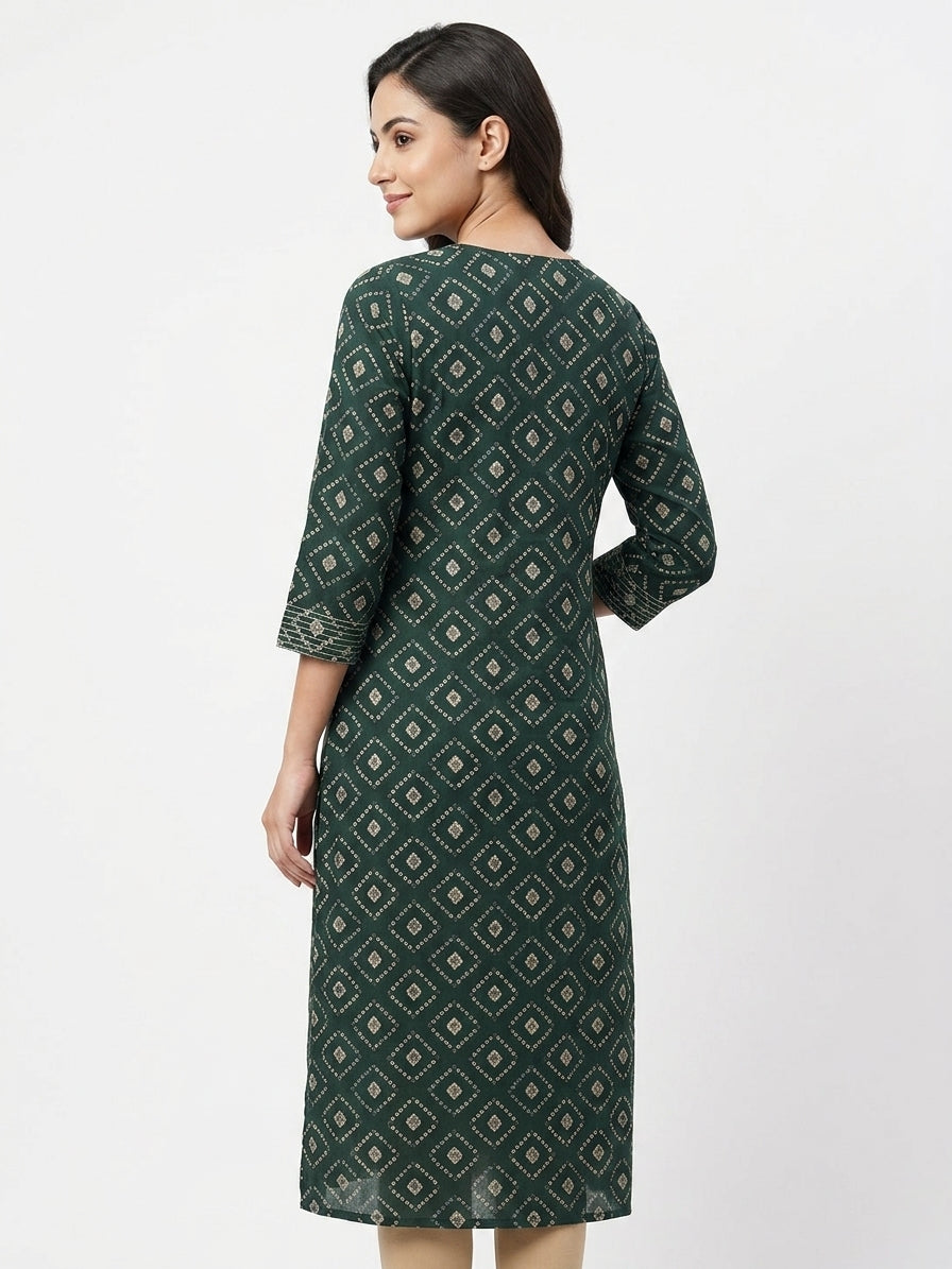 Women's Dark Green Ethnic Print Regular Fit Kurti