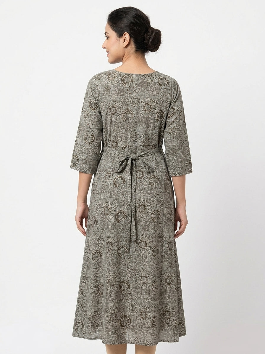 Grey Ethnic Print Flared Kurti