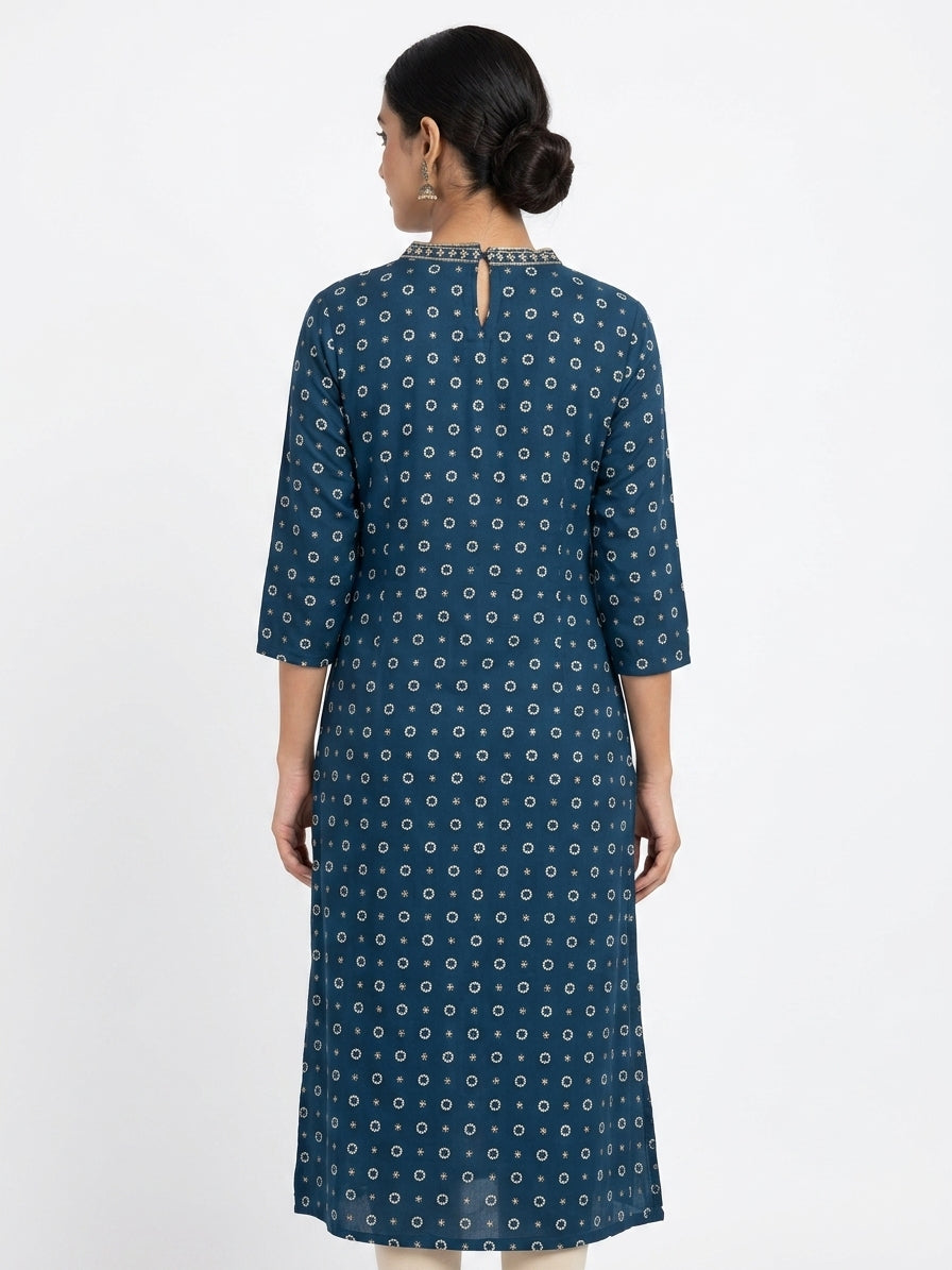Women's Dark Blue Printed Embellished V-Neck Kurti
