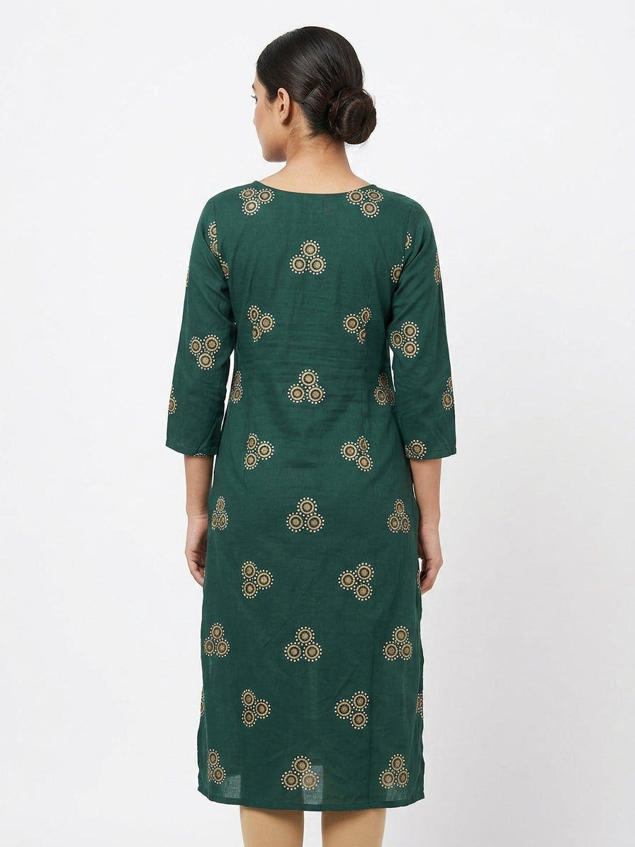 Dark Green Ethnic Print Regular Fit Kurti