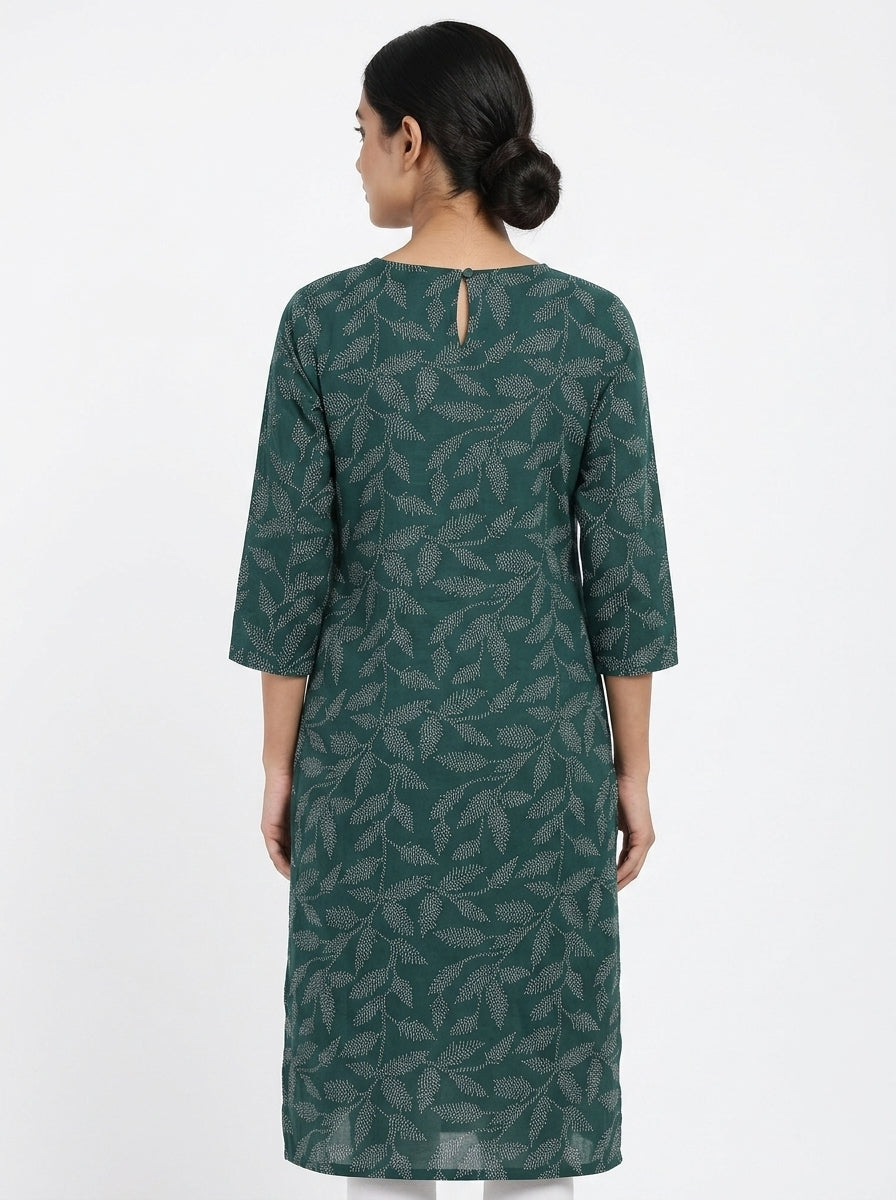 Dark Green Botanical Print Straight Kurti